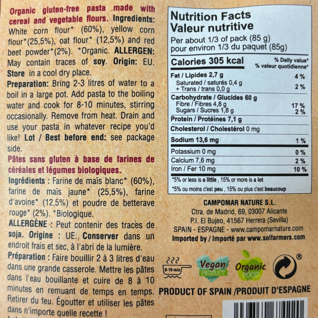 Pasta Fusilli Corn, Oat & Beet - Pasta Fusili Maiz, Avena y Remolacha. Mas Vell, 250g