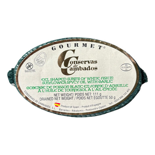 Authentic gourmet baby eel shaped surimi, a delicious Spanish seafood delicacy crafted by Conservas de Cambados.