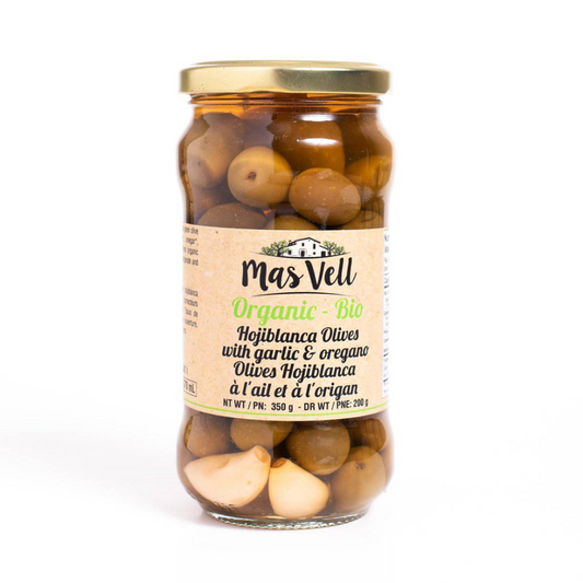 Mas Vell organic hojiblanca olives with garlic &amp; oregano, 370mL