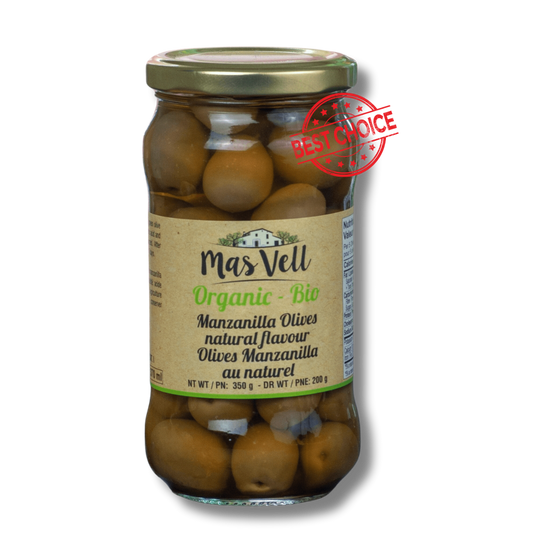 Mas Vell organic whole green manzanilla olives, 370 mL