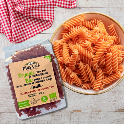 Pasta Fusilli Corn, Oat & Beet - Pasta Fusili Maiz, Avena y Remolacha. Mas Vell, 250g