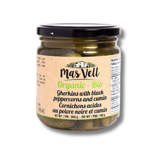 Mas Vell organic gherkins with black peppercorns & cumin, 370 mL - Solfarmers