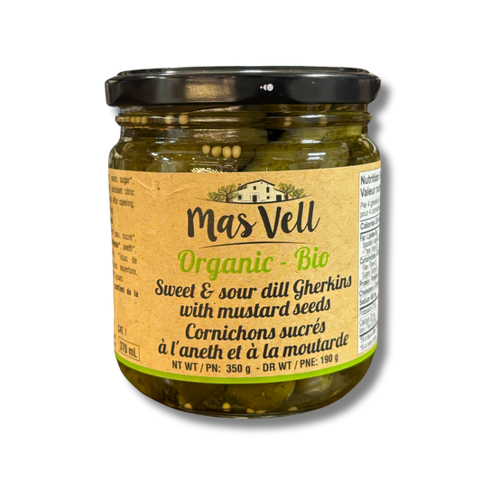 Mas Vell organic sweet and sour gherkins with mustard seeds, 370 mL