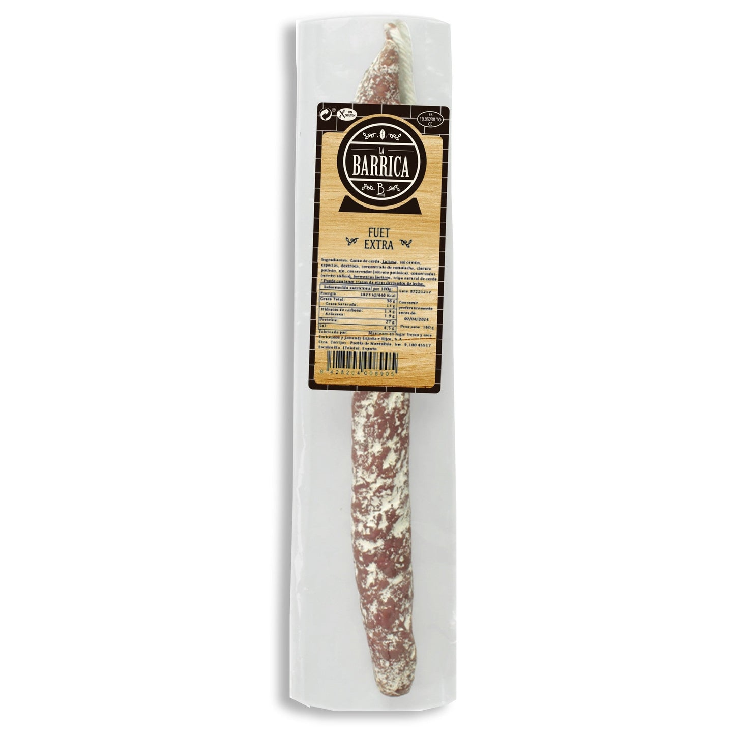 Spanish Fuet sausage, highlighting its cured texture and authentic, tangy taste.