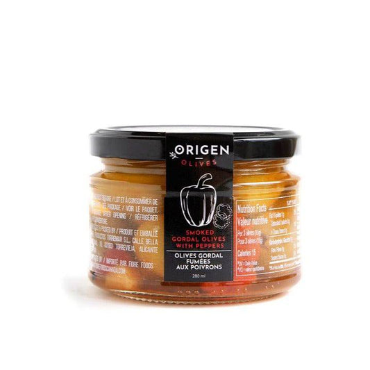 Origen smoked green gordal olives with peppers - Solfarmers