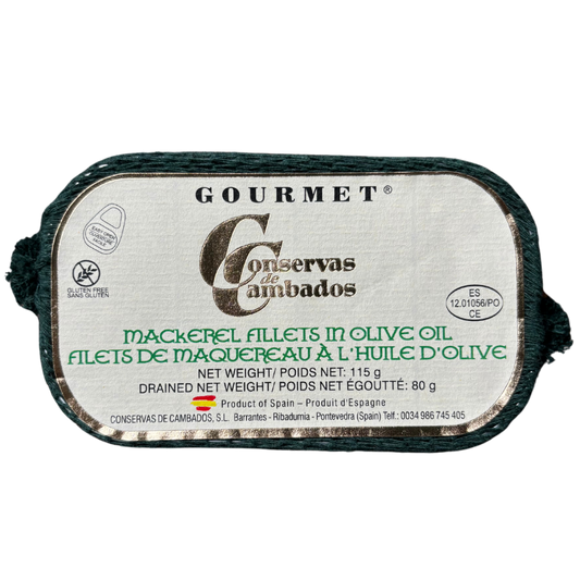 Premium Spanish mackerel fillets in olive oil, offering a rich and authentic Mediterranean flavor by Conservas de Cambados.